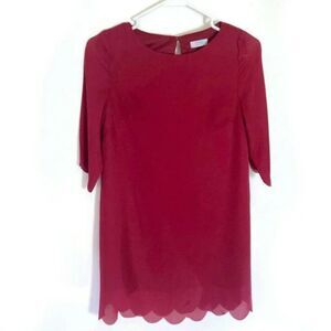 Tobi Red Sheer Shift Dress XS Scallop Hem 3/4 Sleeve